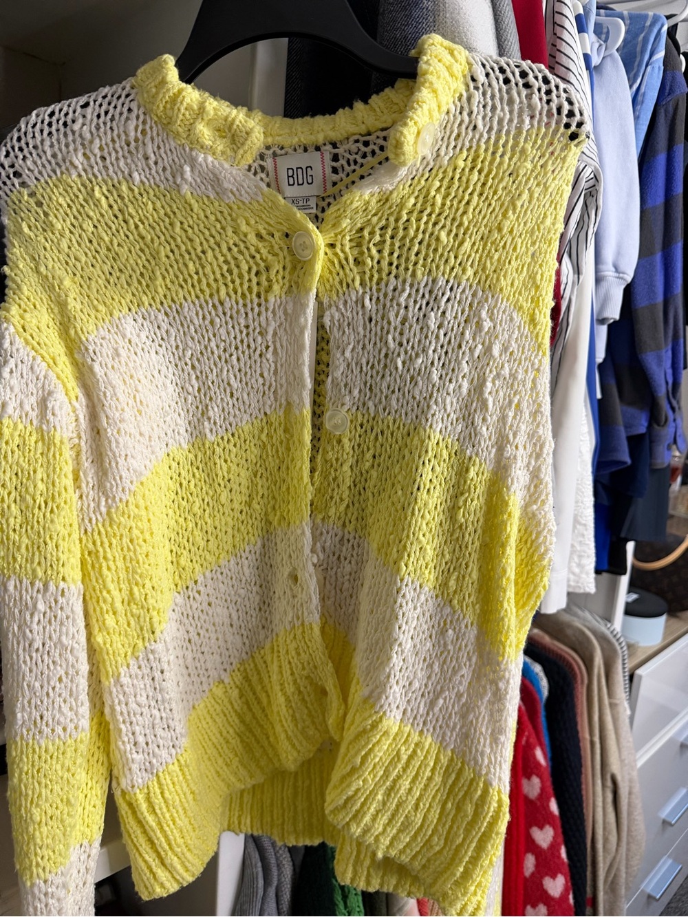 BDG Yellow and White Striped Open-Knit Button Cardigan